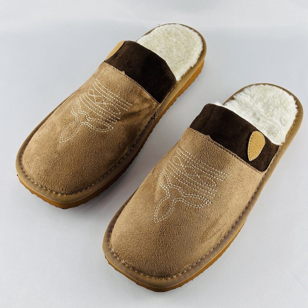 Men’s Cowboy Tan Faux Suede Slip-On Mule Slippers Faux Fur Lined Rubber Sole 9.5